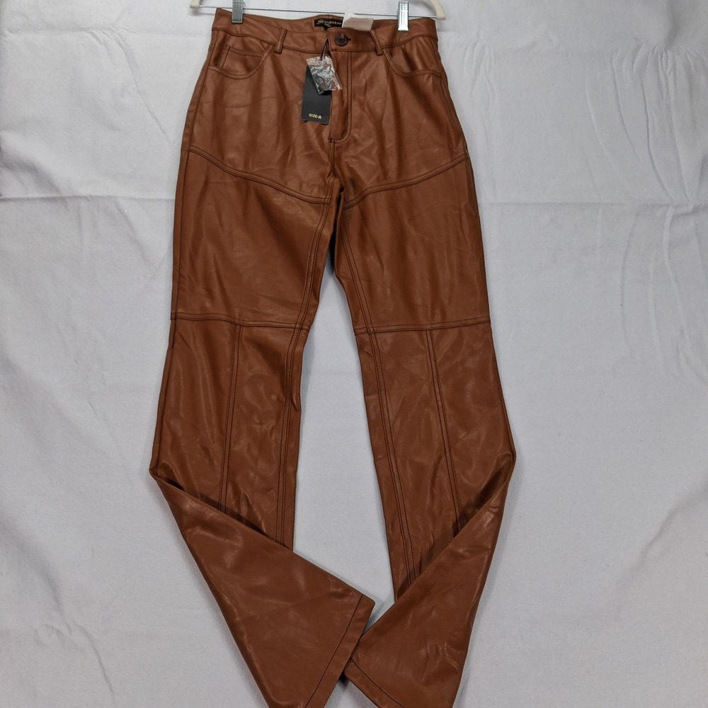 Shinestar Pants Womens Medium SP5351 Brown Vegan Leather Straight Leg NEW - Picture 1 of 9